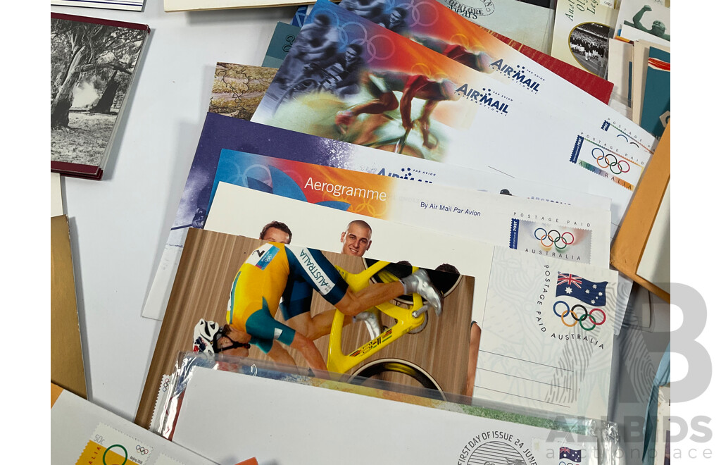 Collection of Vintage Australian and International Sports Themes Stamp Packs, Mint Stamps, and First Day Covers Including Australian Paintings Specimen Issue, 1980 Selected Issues, QE2 Lettercard Overprint, Aerogrammes, 1956 Qantas Athens to Australia