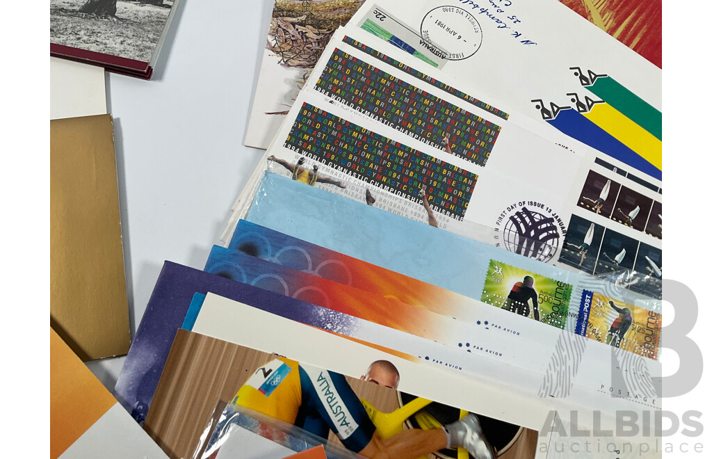 Collection of Vintage Australian and International Sports Themes Stamp Packs, Mint Stamps, and First Day Covers Including Australian Paintings Specimen Issue, 1980 Selected Issues, QE2 Lettercard Overprint, Aerogrammes, 1956 Qantas Athens to Australia