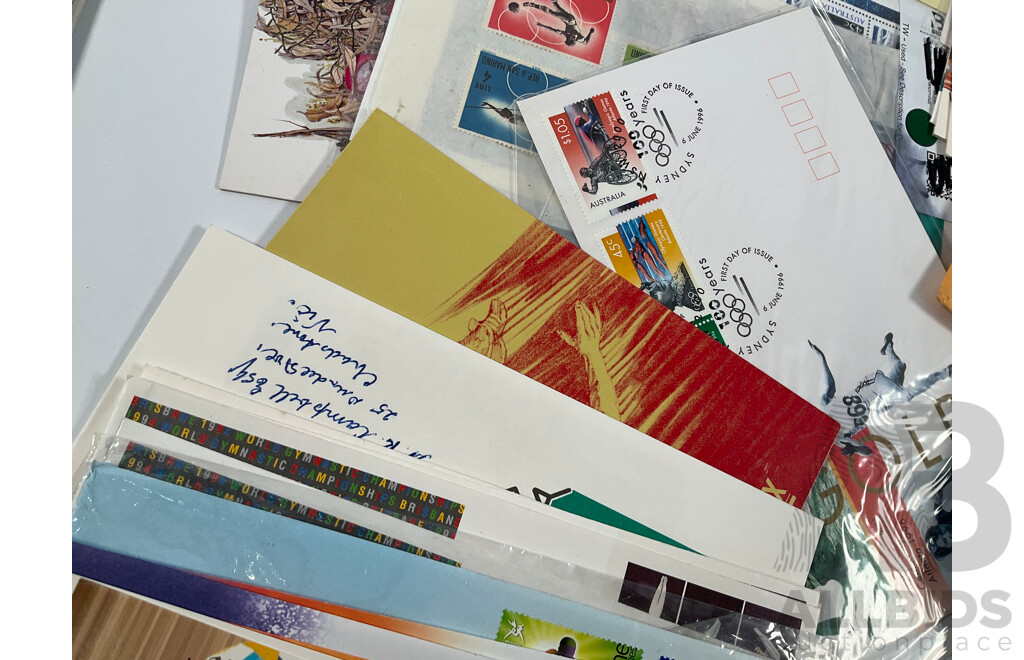 Collection of Vintage Australian and International Sports Themes Stamp Packs, Mint Stamps, and First Day Covers Including Australian Paintings Specimen Issue, 1980 Selected Issues, QE2 Lettercard Overprint, Aerogrammes, 1956 Qantas Athens to Australia
