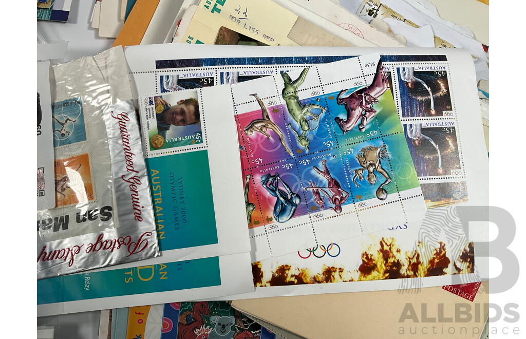 Collection of Vintage Australian and International Sports Themes Stamp Packs, Mint Stamps, and First Day Covers Including Australian Paintings Specimen Issue, 1980 Selected Issues, QE2 Lettercard Overprint, Aerogrammes, 1956 Qantas Athens to Australia