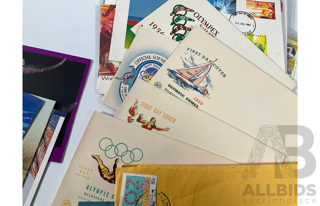 Collection of Vintage Australian and International Sports Themes Stamp Packs, Mint Stamps, and First Day Covers Including Australian Paintings Specimen Issue, 1980 Selected Issues, QE2 Lettercard Overprint, Aerogrammes, 1956 Qantas Athens to Australia