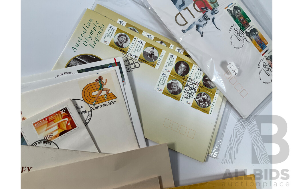 Collection of Vintage Australian and International Sports Themes Stamp Packs, Mint Stamps, and First Day Covers Including Australian Paintings Specimen Issue, 1980 Selected Issues, QE2 Lettercard Overprint, Aerogrammes, 1956 Qantas Athens to Australia