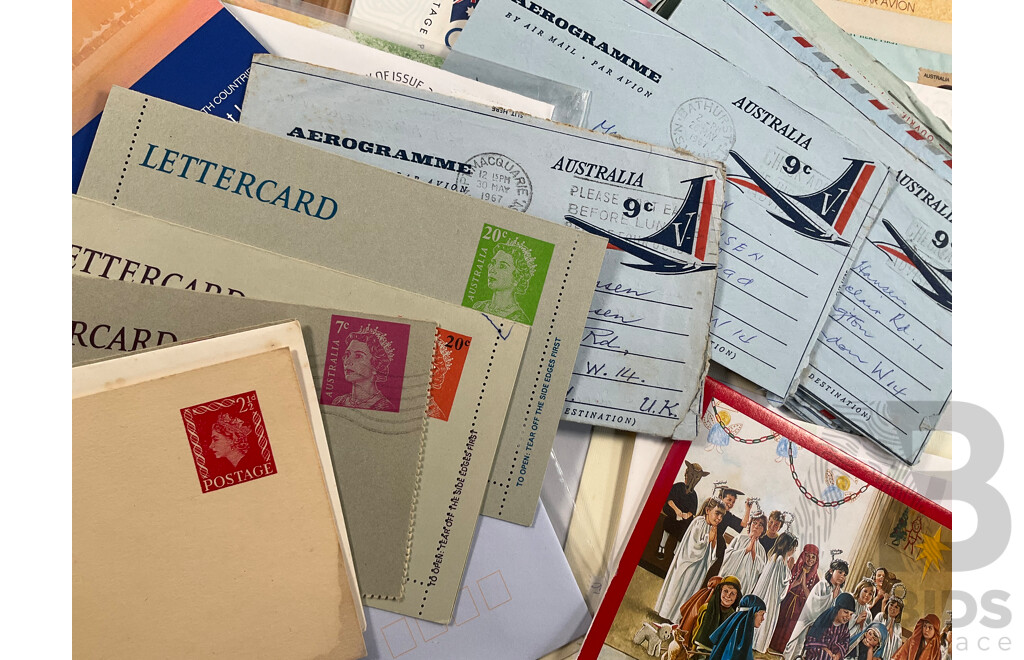 Collection of Vintage Australian and International Sports Themes Stamp Packs, Mint Stamps, and First Day Covers Including Australian Paintings Specimen Issue, 1980 Selected Issues, QE2 Lettercard Overprint, Aerogrammes, 1956 Qantas Athens to Australia