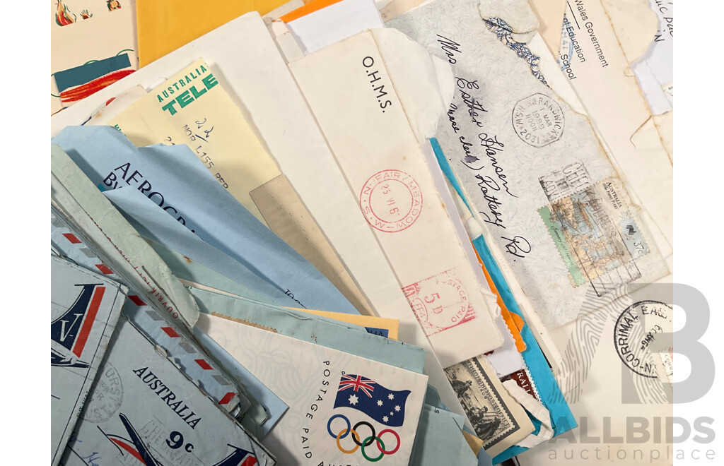 Collection of Vintage Australian and International Sports Themes Stamp Packs, Mint Stamps, and First Day Covers Including Australian Paintings Specimen Issue, 1980 Selected Issues, QE2 Lettercard Overprint, Aerogrammes, 1956 Qantas Athens to Australia