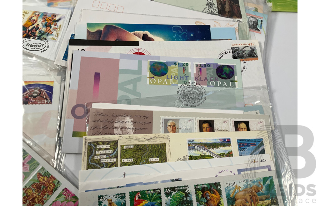 Collection of Australian Mint Stamps and First Day Covers Including Stamp Books, Dirk Hartog Mint Sheet, 1994 Year of the Family PNC and More