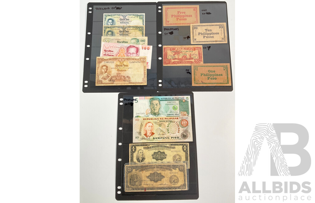 Collection of Vinatge Thailand and Philippines Banknotes Including World War Two Examples