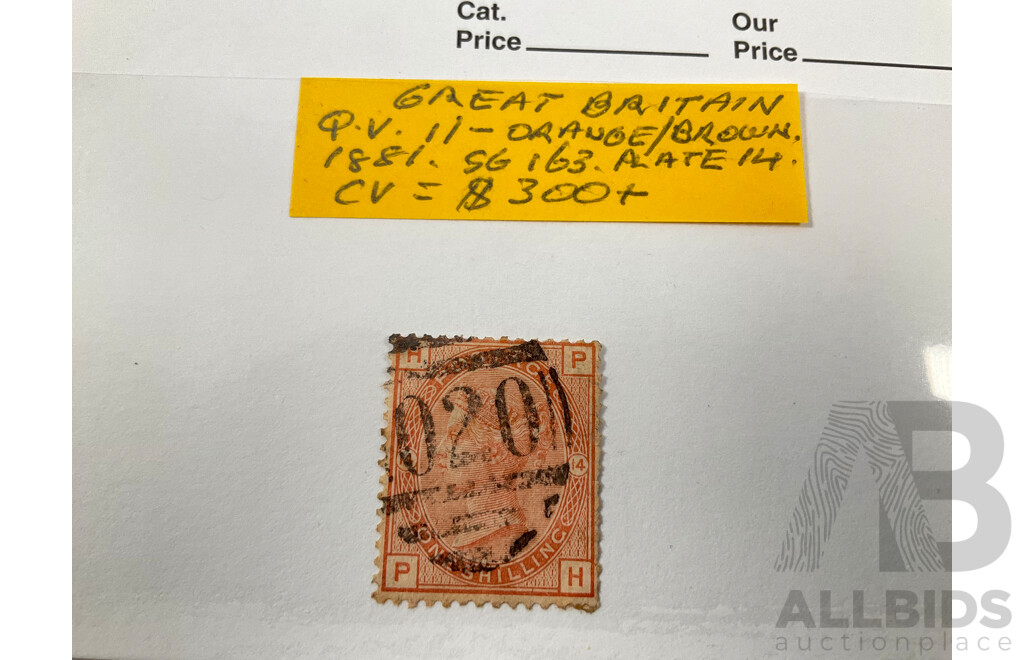 Collection of Great Britain QV Stamps Including 1841 Penny Red, Blued Paper with Maltese Cross Cancel, 1880 Half Penny, 1881 One Shilling, 1883 Sixpence Overprint