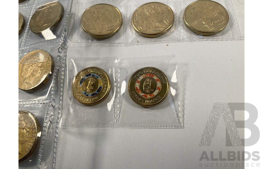 Australian Set of 50 Circulating One Dollar Coins, Consecutive 1984 to 2026, Lacking 2014, 2021 Mob of Roos, 2015 ANZAC, 2016 Fifty Years Decimal Currency, 2019 'A' 'U' 'S' with Two 2026 Two Dollar Coins, Bluey for Real Life and Bingo/Hooray