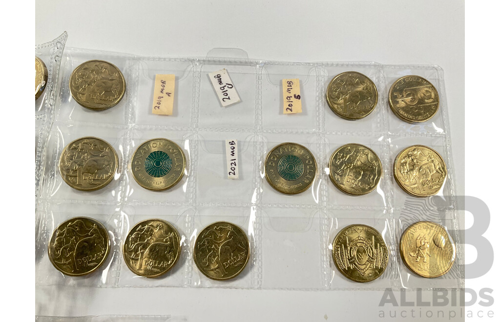 Australian Set of 50 Circulating One Dollar Coins, Consecutive 1984 to 2026, Lacking 2014, 2021 Mob of Roos, 2015 ANZAC, 2016 Fifty Years Decimal Currency, 2019 'A' 'U' 'S' with Two 2026 Two Dollar Coins, Bluey for Real Life and Bingo/Hooray