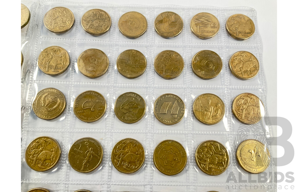 Australian Set of 50 Circulating One Dollar Coins, Consecutive 1984 to 2026, Lacking 2014, 2021 Mob of Roos, 2015 ANZAC, 2016 Fifty Years Decimal Currency, 2019 'A' 'U' 'S' with Two 2026 Two Dollar Coins, Bluey for Real Life and Bingo/Hooray
