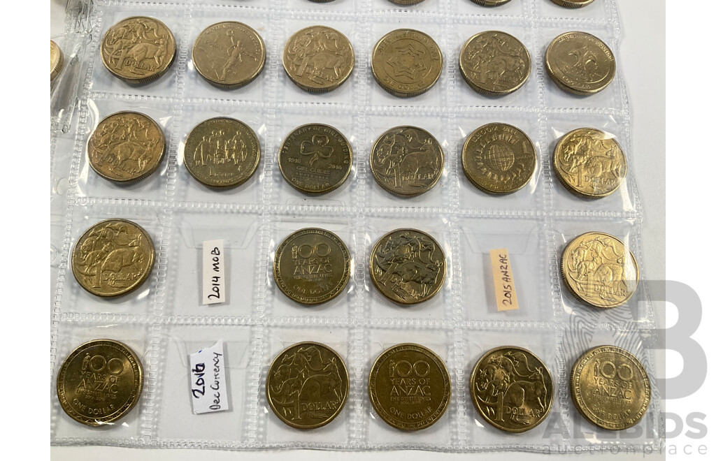 Australian Set of 50 Circulating One Dollar Coins, Consecutive 1984 to 2026, Lacking 2014, 2021 Mob of Roos, 2015 ANZAC, 2016 Fifty Years Decimal Currency, 2019 'A' 'U' 'S' with Two 2026 Two Dollar Coins, Bluey for Real Life and Bingo/Hooray