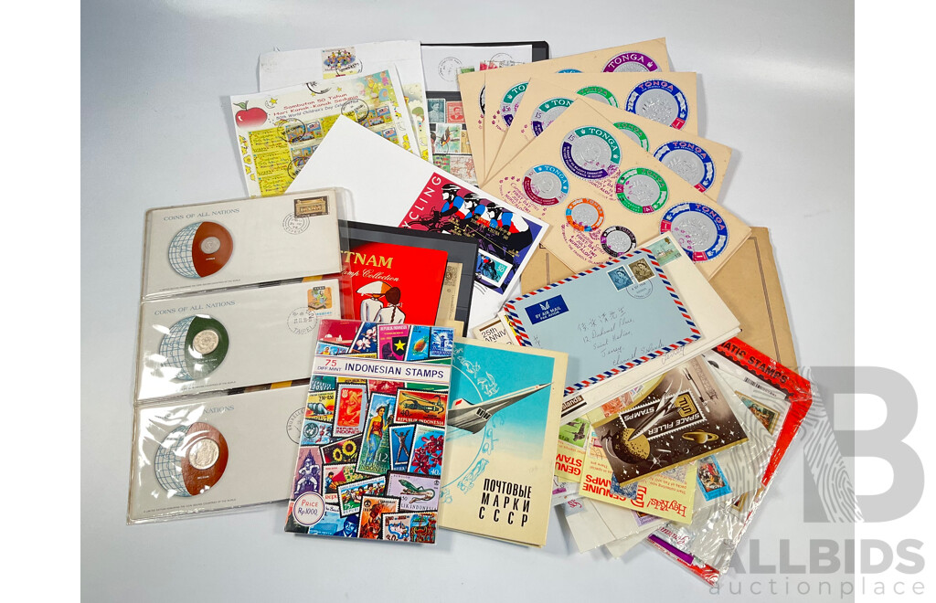 Collection of International Coins Notes and Stamps Including Three China, Belgium, Cyprus Coins of All Nations PNCs, Belgium French Antique Correspondence Cards, Stamps Including USSR, France, Singapore, Indonesia, Spain and More