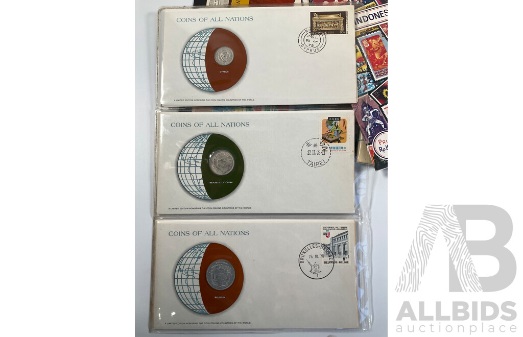 Collection of International Coins Notes and Stamps Including Three China, Belgium, Cyprus Coins of All Nations PNCs, Belgium French Antique Correspondence Cards, Stamps Including USSR, France, Singapore, Indonesia, Spain and More
