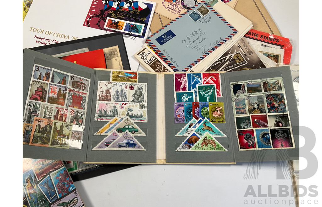 Collection of International Coins Notes and Stamps Including Three China, Belgium, Cyprus Coins of All Nations PNCs, Belgium French Antique Correspondence Cards, Stamps Including USSR, France, Singapore, Indonesia, Spain and More