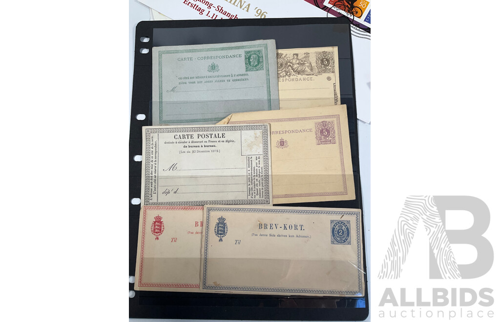 Collection of International Coins Notes and Stamps Including Three China, Belgium, Cyprus Coins of All Nations PNCs, Belgium French Antique Correspondence Cards, Stamps Including USSR, France, Singapore, Indonesia, Spain and More