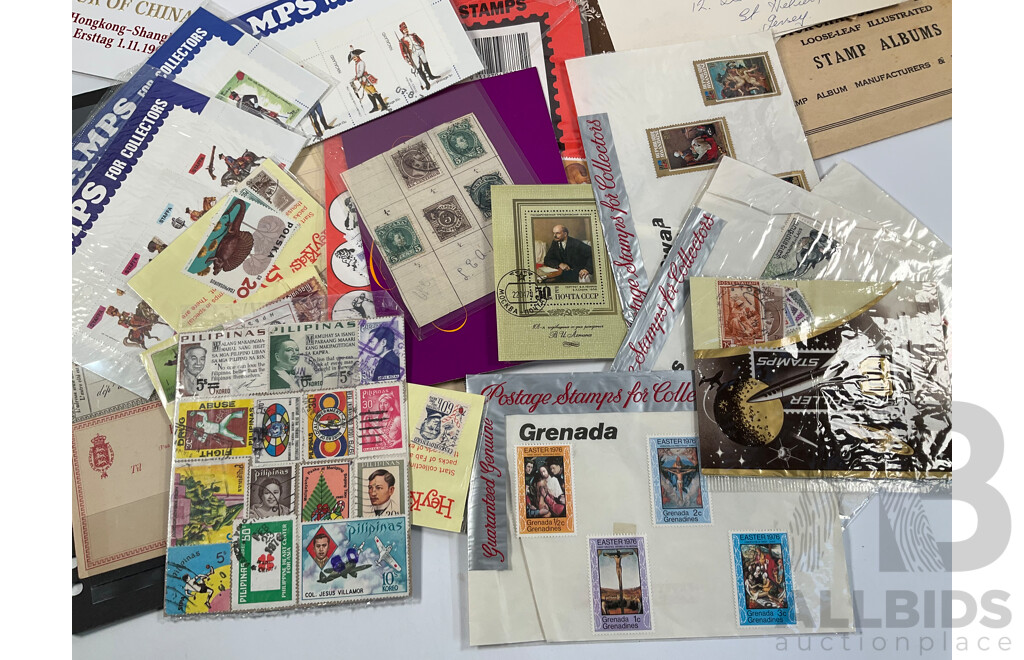 Collection of International Coins Notes and Stamps Including Three China, Belgium, Cyprus Coins of All Nations PNCs, Belgium French Antique Correspondence Cards, Stamps Including USSR, France, Singapore, Indonesia, Spain and More