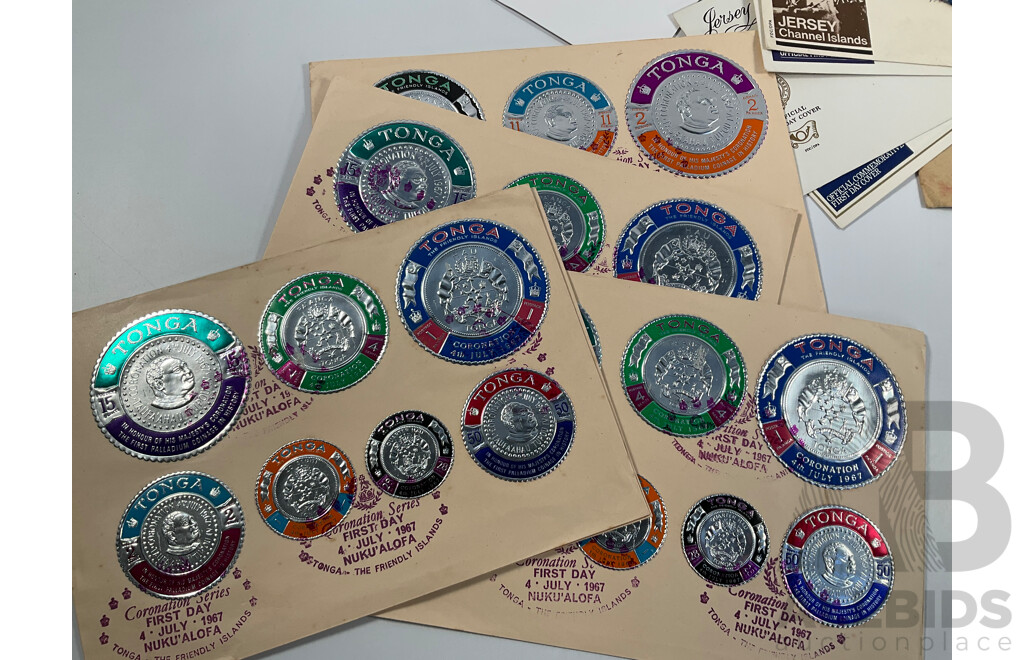Collection of International Coins Notes and Stamps Including Three China, Belgium, Cyprus Coins of All Nations PNCs, Belgium French Antique Correspondence Cards, Stamps Including USSR, France, Singapore, Indonesia, Spain and More