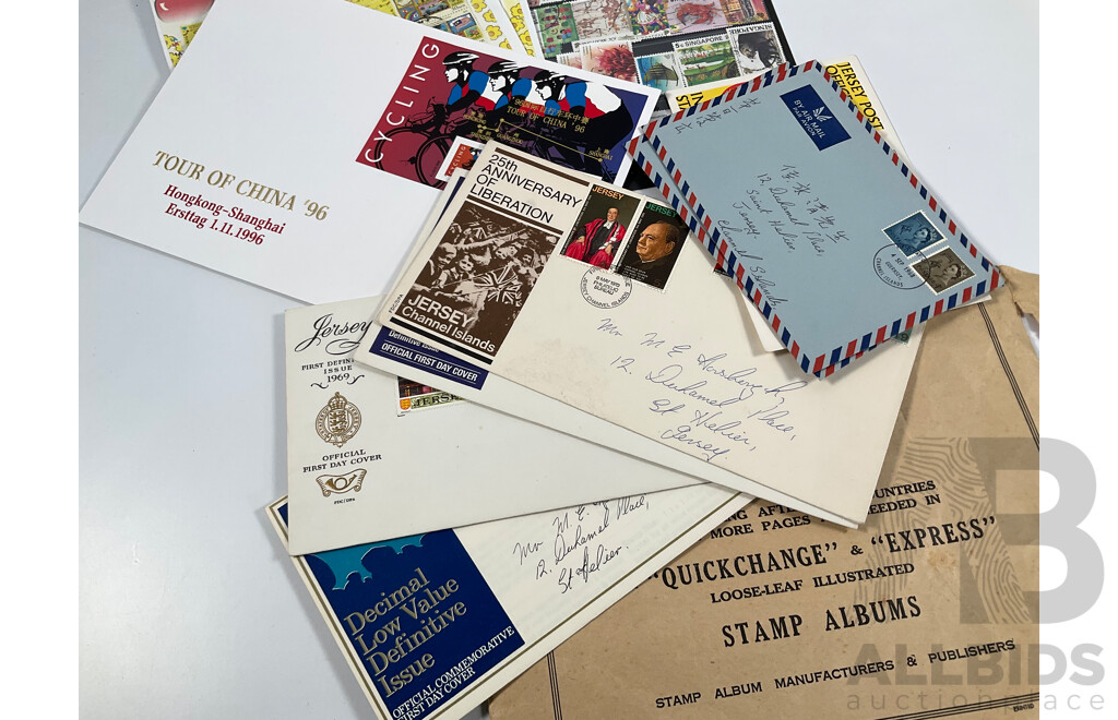 Collection of International Coins Notes and Stamps Including Three China, Belgium, Cyprus Coins of All Nations PNCs, Belgium French Antique Correspondence Cards, Stamps Including USSR, France, Singapore, Indonesia, Spain and More