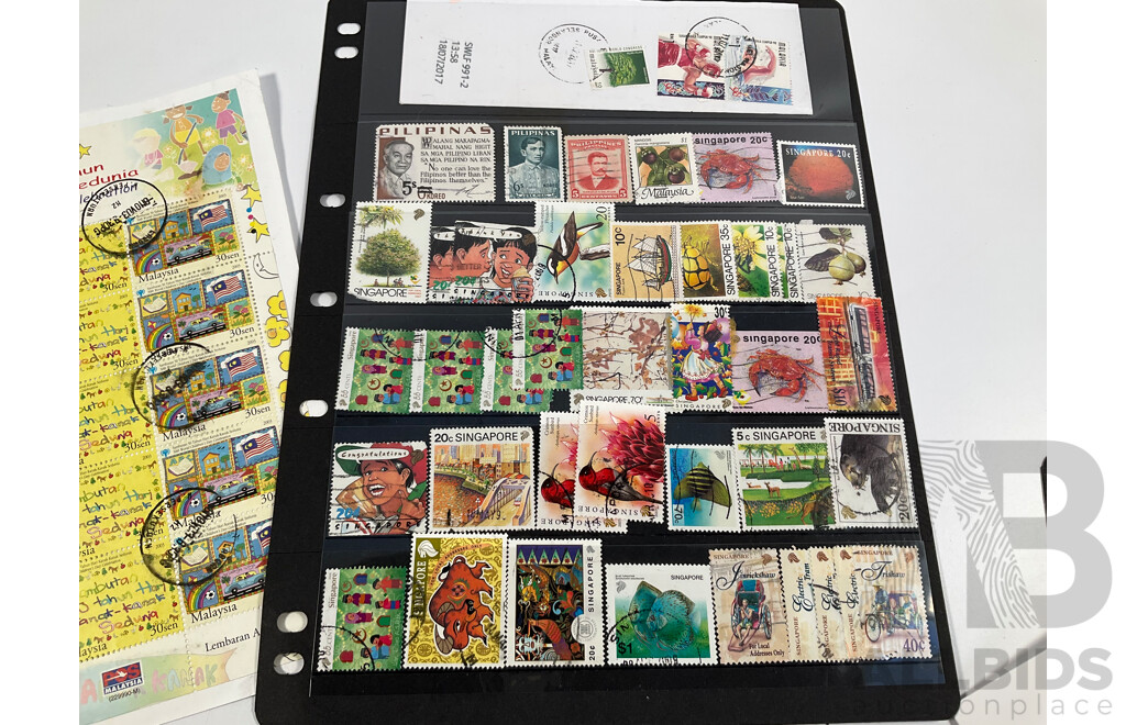 Collection of International Coins Notes and Stamps Including Three China, Belgium, Cyprus Coins of All Nations PNCs, Belgium French Antique Correspondence Cards, Stamps Including USSR, France, Singapore, Indonesia, Spain and More