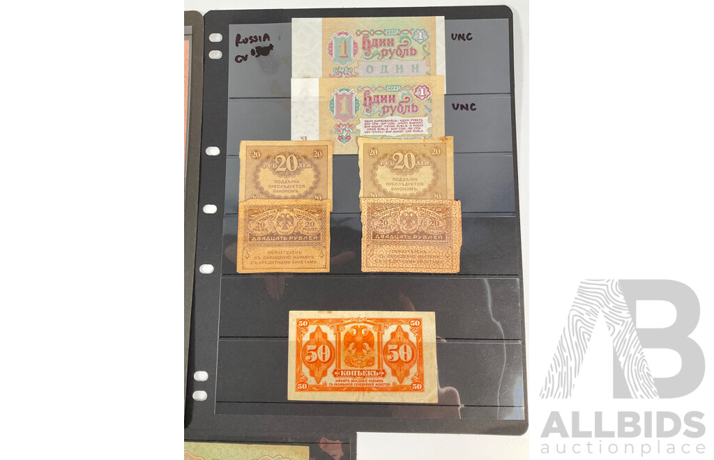 Collection of Vintage Russian Banknotes, Examples Spanning Imperial Russia to Post USSR