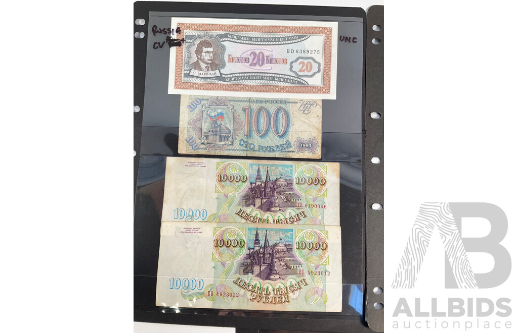 Collection of Vintage Russian Banknotes, Examples Spanning Imperial Russia to Post USSR
