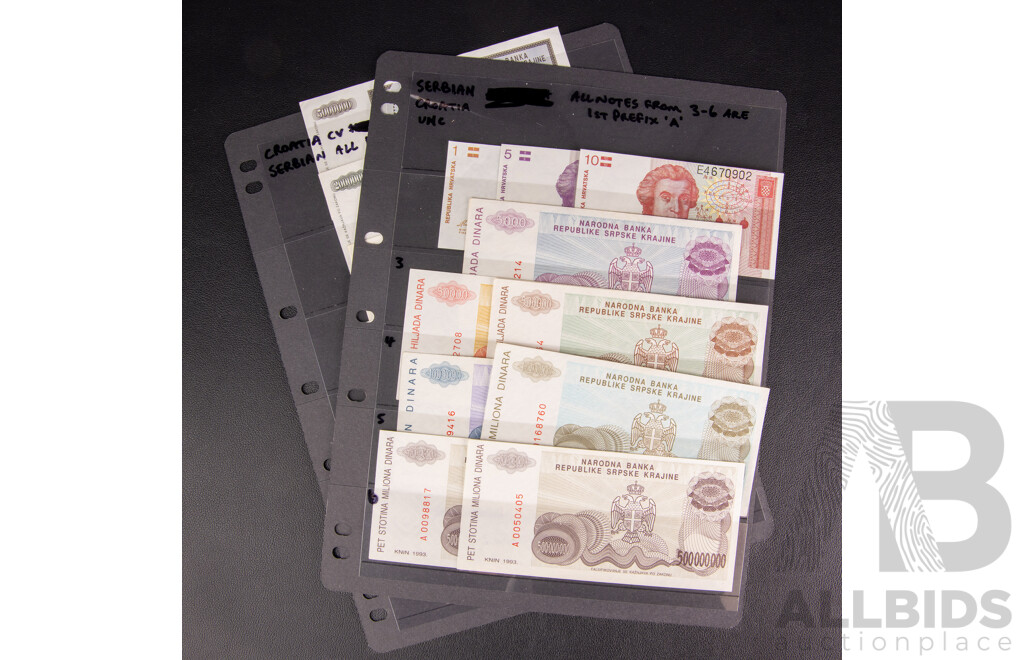 Collection of Serbian and Croatian Early 1990's Banknotes