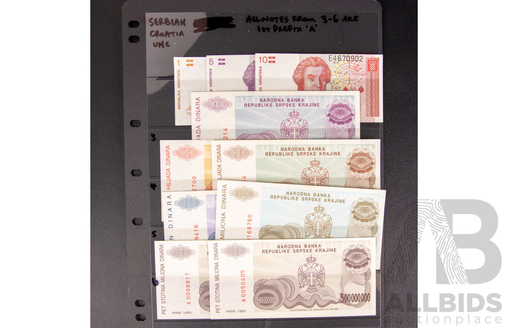 Collection of Serbian and Croatian Early 1990's Banknotes