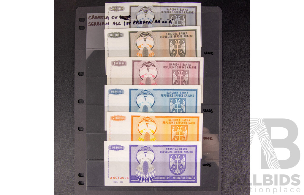 Collection of Serbian and Croatian Early 1990's Banknotes