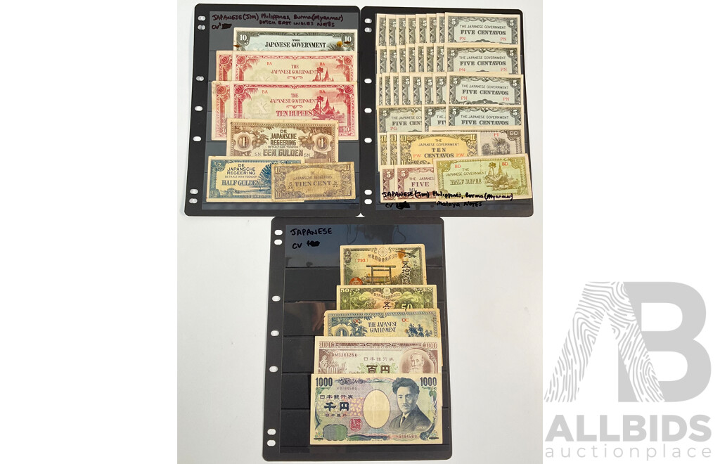 Collection of Vintage Japanese Banknotes, World War Two Occupation and Domestic