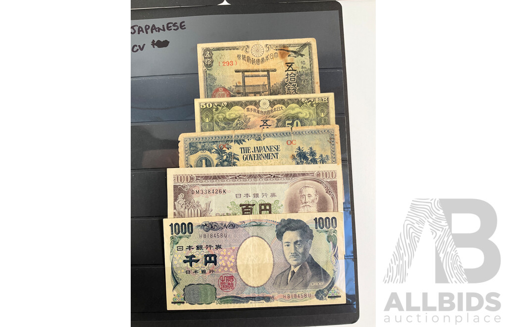 Collection of Vintage Japanese Banknotes, World War Two Occupation and Domestic