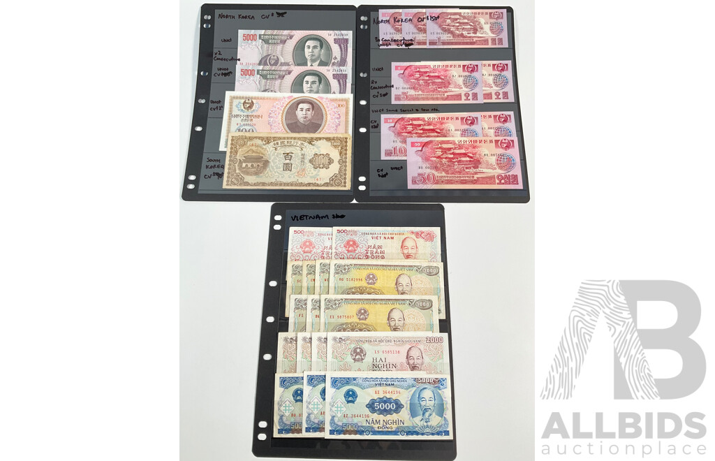 Collection of North Korea and Vietnam Banknotes, Including Consecutive and UNC