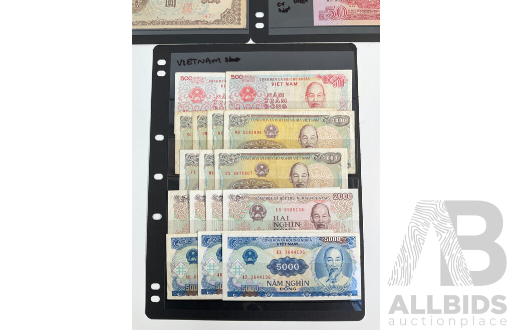 Collection of North Korea and Vietnam Banknotes, Including Consecutive and UNC