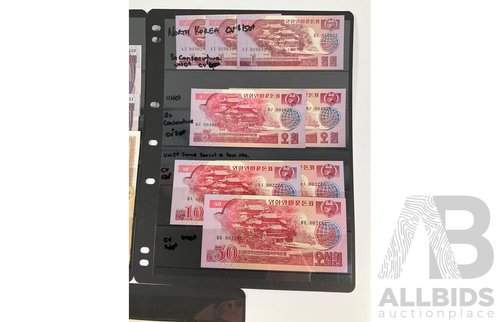 Collection of North Korea and Vietnam Banknotes, Including Consecutive and UNC