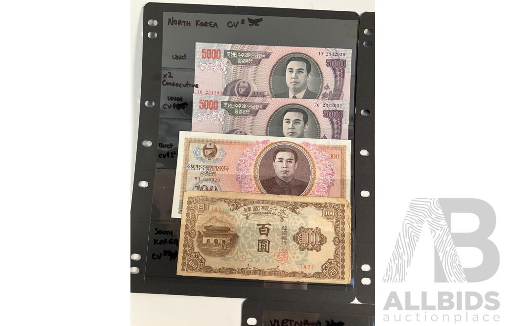 Collection of North Korea and Vietnam Banknotes, Including Consecutive and UNC