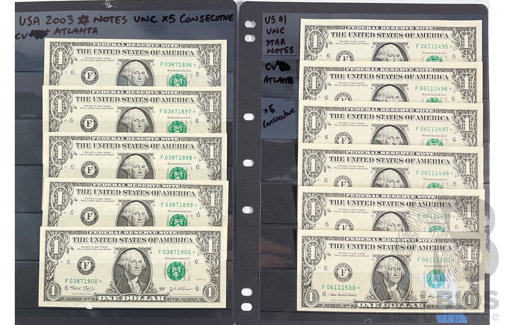 Eleven USA Atlanta One Dollar Star Banknotes, Five 2003 Consecutive F 03871896* - F 03871900* and Six 2006 Consecutive F 06111495* - F 06111500*