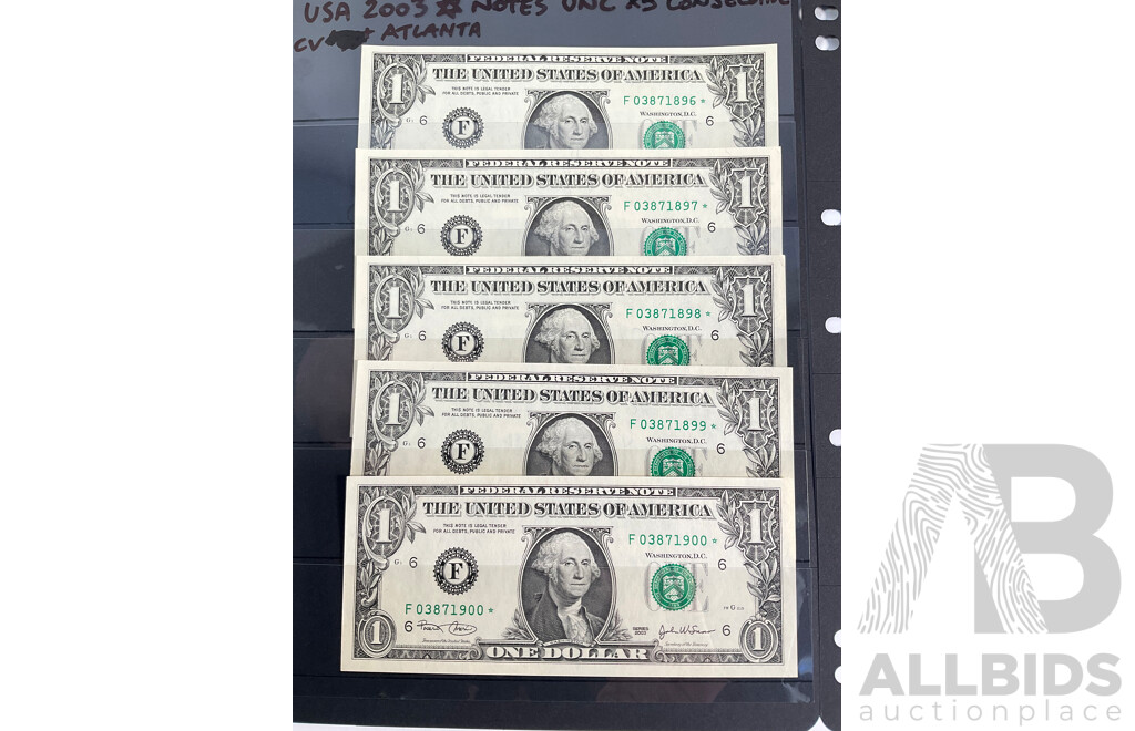Eleven USA Atlanta One Dollar Star Banknotes, Five 2003 Consecutive F 03871896* - F 03871900* and Six 2006 Consecutive F 06111495* - F 06111500*