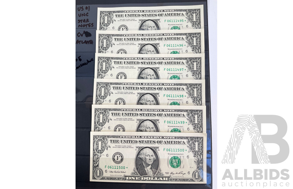 Eleven USA Atlanta One Dollar Star Banknotes, Five 2003 Consecutive F 03871896* - F 03871900* and Six 2006 Consecutive F 06111495* - F 06111500*