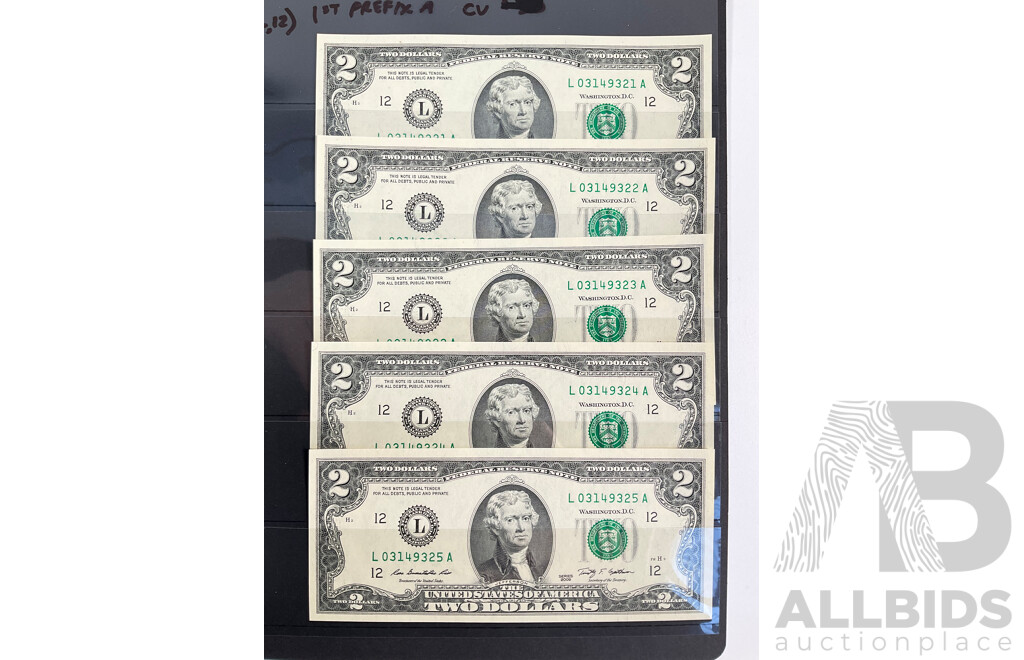 Five USA San Fransisco 2009 Two Dollar Banknotes, Consecutive L 0314921A - L 0314925A