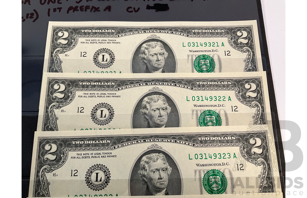 Five USA San Fransisco 2009 Two Dollar Banknotes, Consecutive L 0314921A - L 0314925A