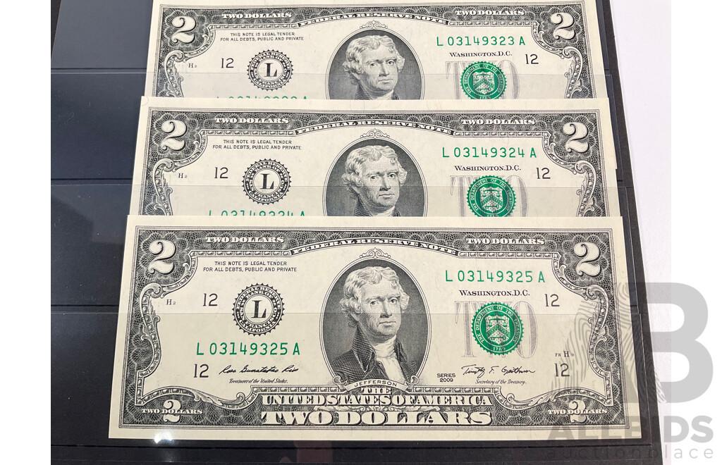 Five USA San Fransisco 2009 Two Dollar Banknotes, Consecutive L 0314921A - L 0314925A