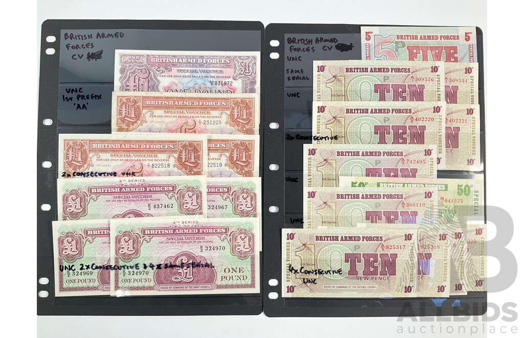 Collection of British Armed Forces Banknotes Including Consecutive and UNC