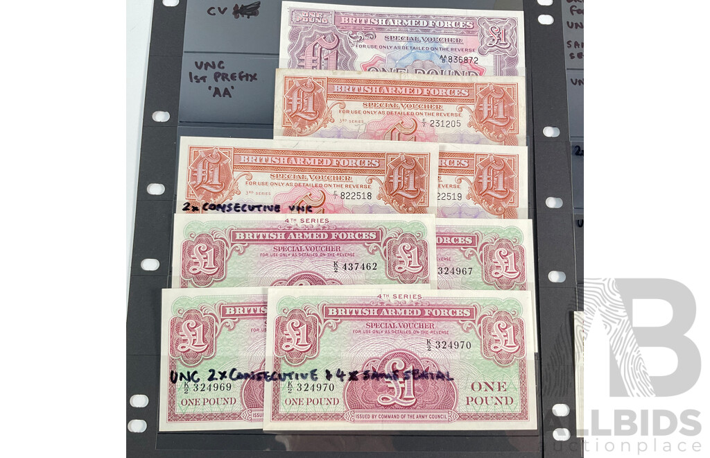 Collection of British Armed Forces Banknotes Including Consecutive and UNC