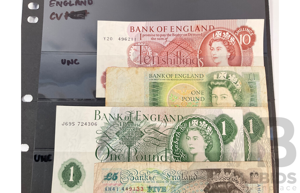 Collection of United Kingdom Banknotes Including Ten Shilling, One, Five and Ten Pound with Gold Plated Example