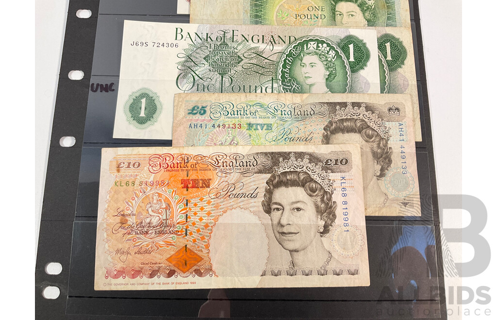 Collection of United Kingdom Banknotes Including Ten Shilling, One, Five and Ten Pound with Gold Plated Example
