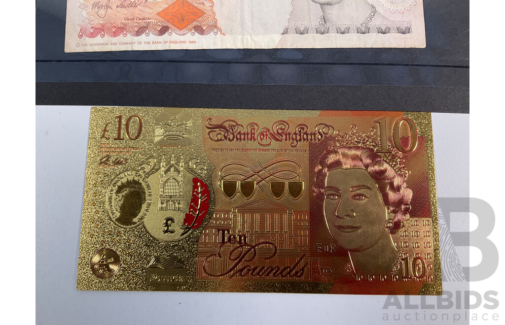 Collection of United Kingdom Banknotes Including Ten Shilling, One, Five and Ten Pound with Gold Plated Example