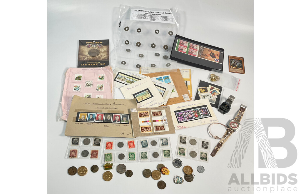 Assortment of Coins and Stamps Including German 1930's Coins and Stamps, Australian Medallions, Mint AFL Stamps,  Italian Phone Tokens, South Sumatra Pitis, USA Civil War Medallion, Vintage Wrist Watches and Bracelet