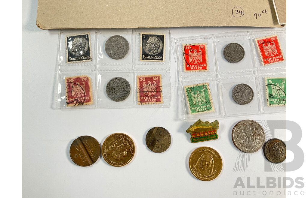 Assortment of Coins and Stamps Including German 1930's Coins and Stamps, Australian Medallions, Mint AFL Stamps,  Italian Phone Tokens, South Sumatra Pitis, USA Civil War Medallion, Vintage Wrist Watches and Bracelet