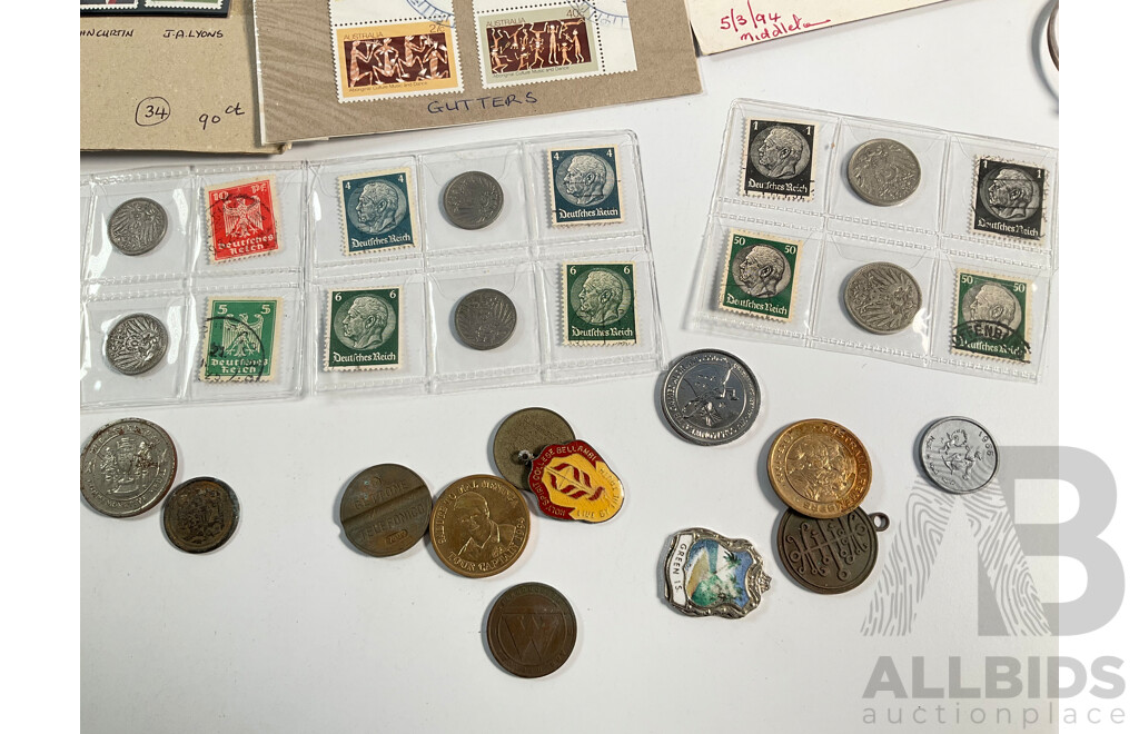 Assortment of Coins and Stamps Including German 1930's Coins and Stamps, Australian Medallions, Mint AFL Stamps,  Italian Phone Tokens, South Sumatra Pitis, USA Civil War Medallion, Vintage Wrist Watches and Bracelet
