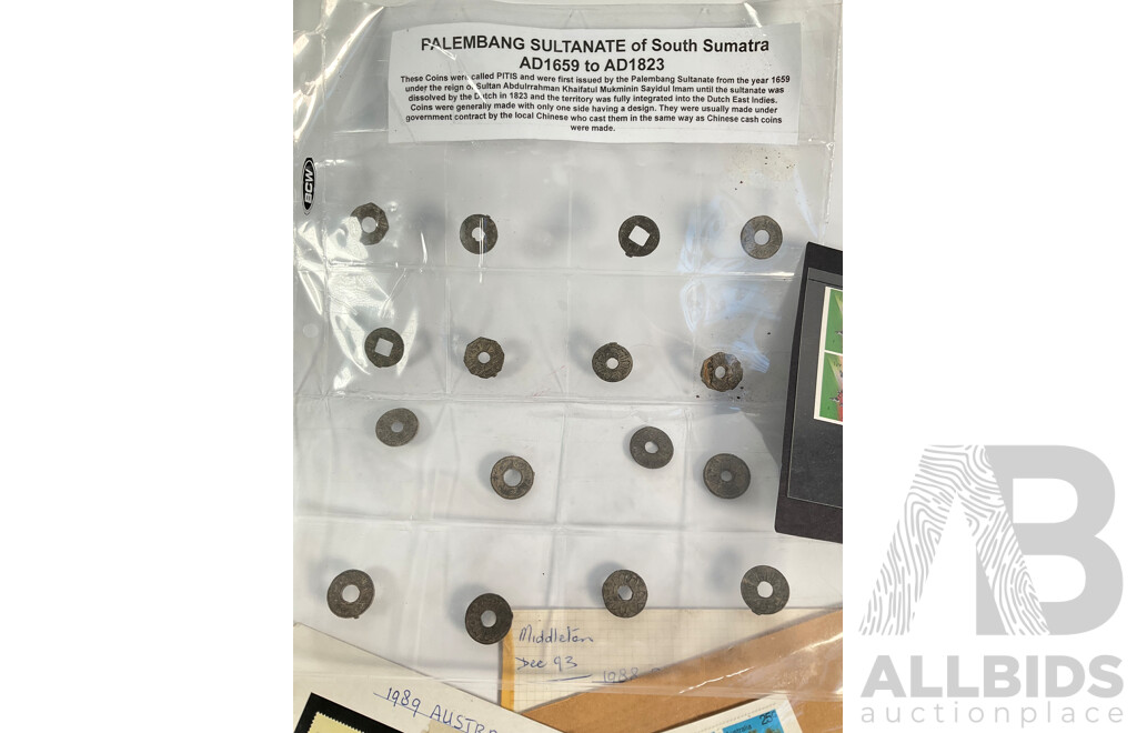 Assortment of Coins and Stamps Including German 1930's Coins and Stamps, Australian Medallions, Mint AFL Stamps,  Italian Phone Tokens, South Sumatra Pitis, USA Civil War Medallion, Vintage Wrist Watches and Bracelet