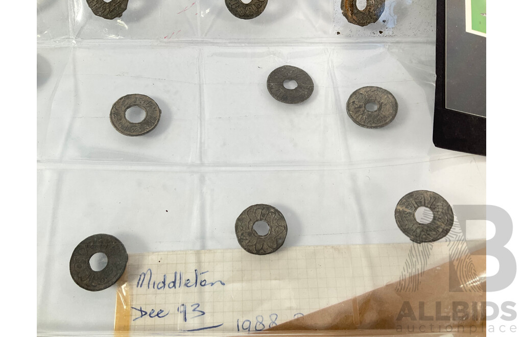 Assortment of Coins and Stamps Including German 1930's Coins and Stamps, Australian Medallions, Mint AFL Stamps,  Italian Phone Tokens, South Sumatra Pitis, USA Civil War Medallion, Vintage Wrist Watches and Bracelet